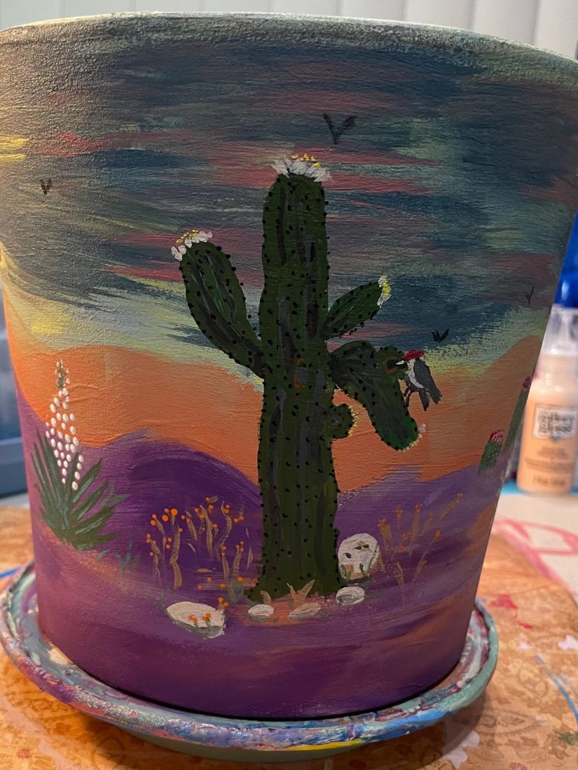 Painted pot with a saguaro at sunset, side 2